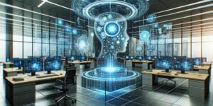 AI technology in business innovation, generative adversarial networks concept, futuristic office with digital screens and holograms