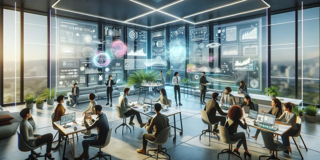 futuristic office with creative professionals brainstorming, AI-generated art on screens, modern technology