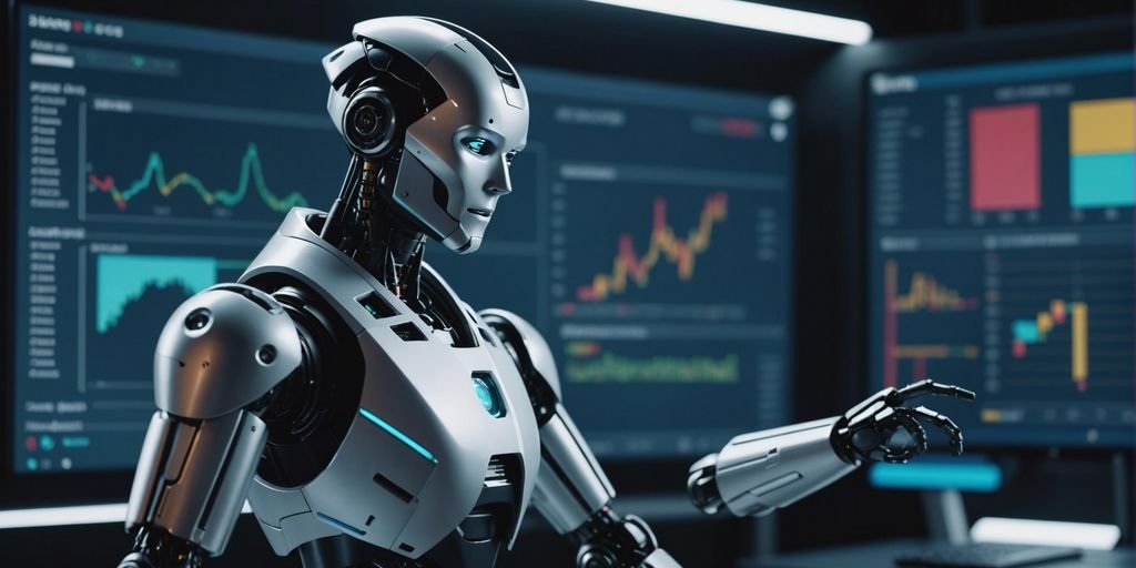 Futuristic robot analyzing data charts, representing AutoML's impact on business automation and data-driven decision making.