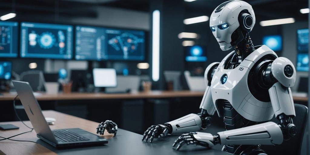 Robot in a modern office using a computer, representing AI-driven automation in business operations.