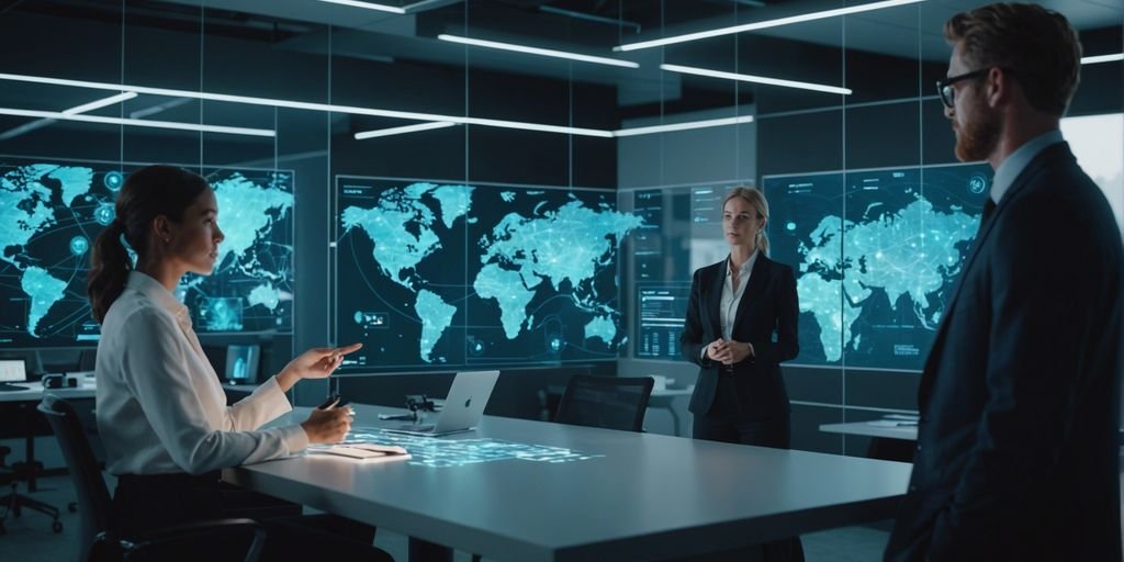 Business professionals using holographic AI tools in a modern office, representing generative AI's role in business innovation.