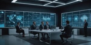 Business professionals in a futuristic office using holographic charts and AI tools, showcasing generative AI's impact in 2023.