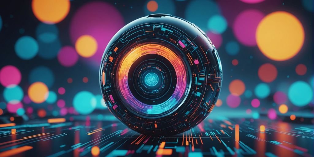 Futuristic digital art with abstract shapes and vibrant colors, representing AI's impact on digital art for businesses.