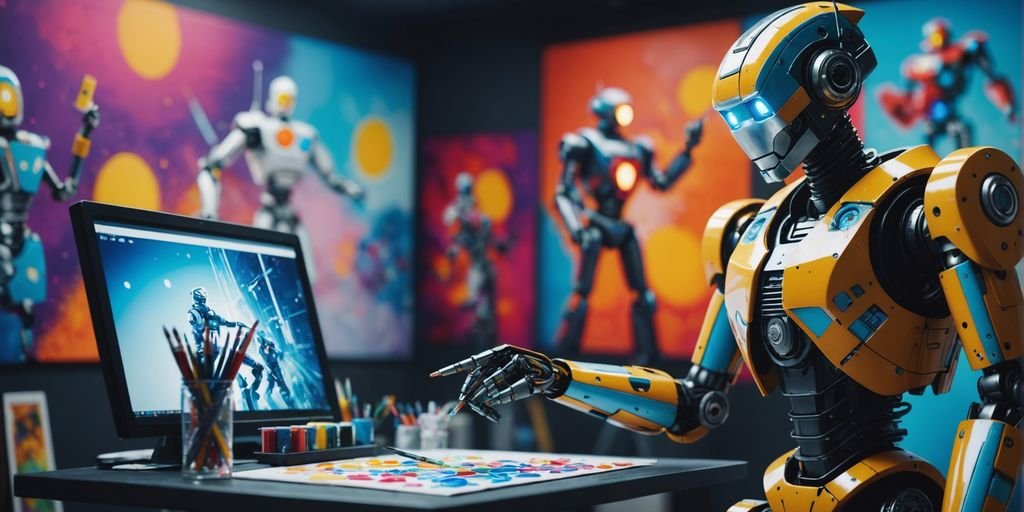 Futuristic robot artist creating digital art on canvas in a business environment, symbolizing AI-driven visual content creation.
