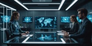 Futuristic office with AI holograms collaborating with humans, illustrating AutoGPT's impact on business operations.