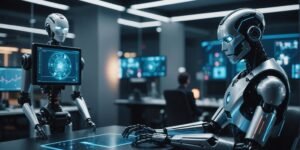 Futuristic office with robot using holographic interface, representing AI-driven business operations.