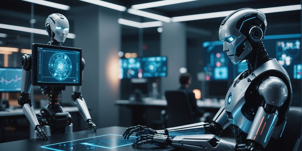 Futuristic office with robot using holographic interface, representing AI-driven business operations.