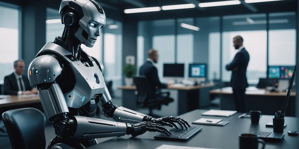 Business professionals collaborating with a robot in a futuristic office, representing the use of AutoGPT in business.