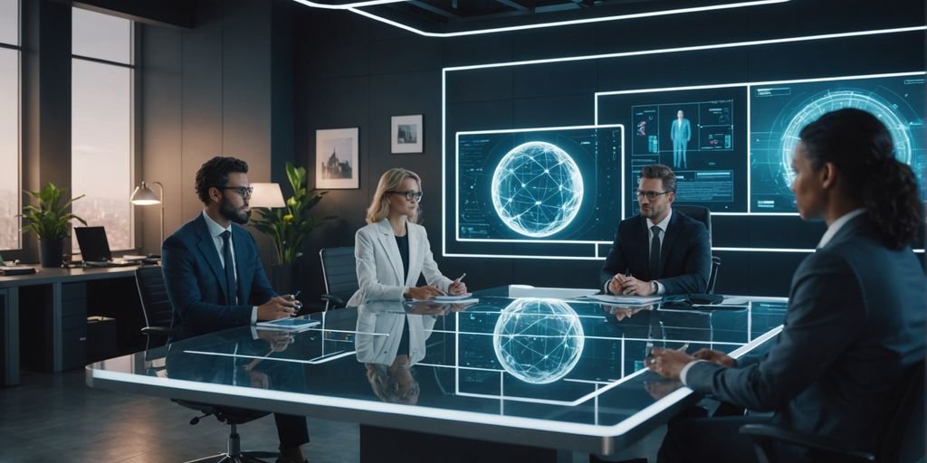 Futuristic office with AI holograms and professionals