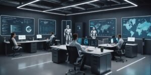 AI robots and humans in a futuristic office