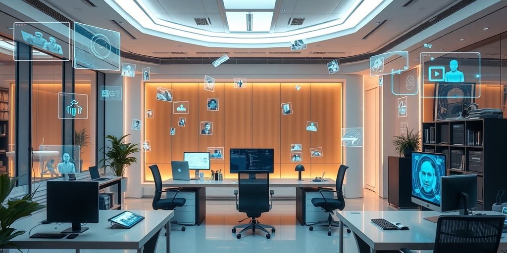 Futuristic office with AI-generated holograms.