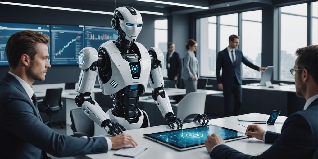 AI robot collaborating with businesspeople